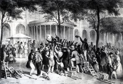 Lectura de los fallos publicados en el periódico Moniteur en los jardines del Palacio Real en París, 26 de julio de Joseph Louis Hippolyte Bellange