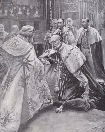 El rey Eduardo VII tomando el juramento en su coronación, Abadía de Westminster, Londres de Joseph (after) Finnemore
