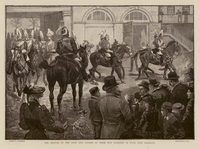 Guardias de la Vida llegando a su nuevo cuartel en Hyde Park, Londres (grabado) de Joseph (after) Finnemore