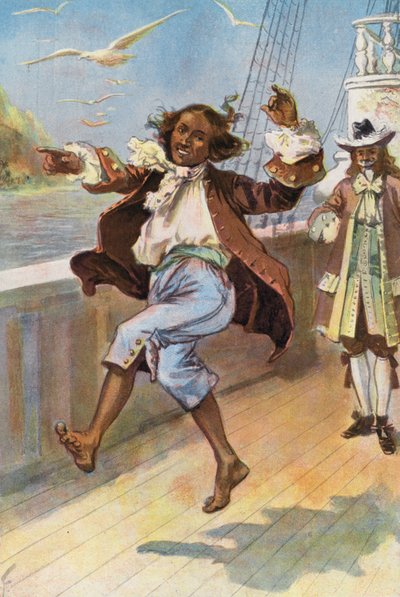 Robinson Crusoe: Viernes bailó y cabriolas (litografia en color) de Joseph (after) Finnemore