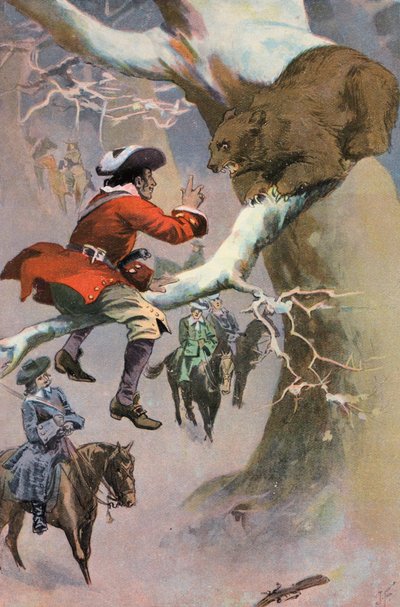 Robinson Crusoe: Friday se burla del oso (litografia en color) de Joseph (after) Finnemore