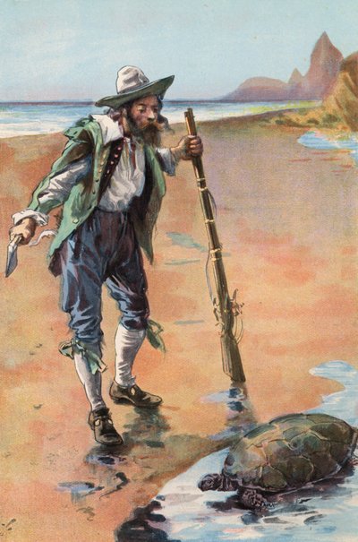 Robinson Crusoe: Encuentro una tortuga (litografia en color) de Joseph (after) Finnemore