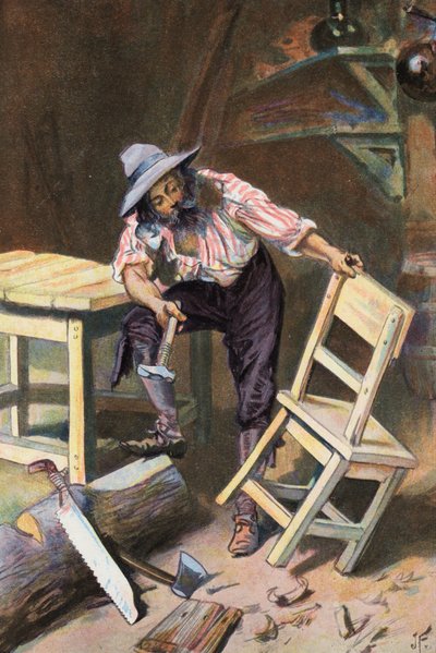 Robinson Crusoe: Hago una mesa y una silla (litografia en color) de Joseph (after) Finnemore