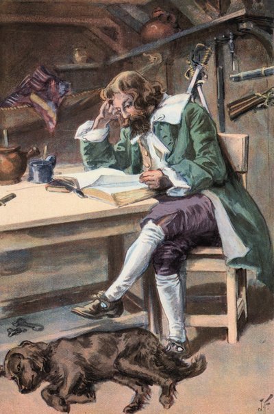 Robinson Crusoe: Leo mi Biblia (litografia en color) de Joseph (after) Finnemore