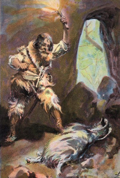 Robinson Crusoe: Veo un macho cabrío viejo (litografia en color) de Joseph (after) Finnemore