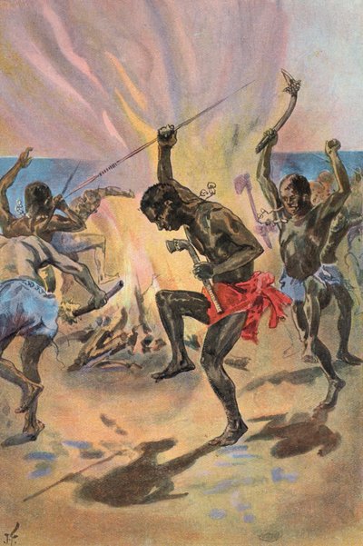 Robinson Crusoe: Veo a los salvajes bailando (litografia en color) de Joseph (after) Finnemore