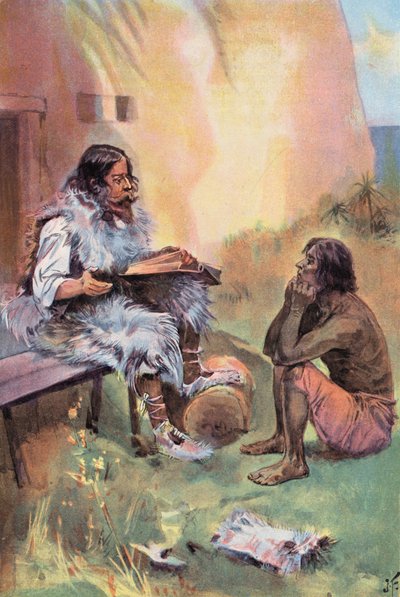 Robinson Crusoe: Yo enseño el viernes (litografia en color) de Joseph (after) Finnemore