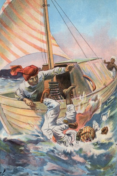 Robinson Crusoe: tiro al moro por la borda (litografia en color) de Joseph (after) Finnemore