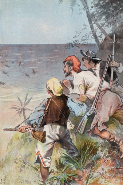 Robinson Crusoe: Invadida por salvajes (color litho) de Joseph (after) Finnemore