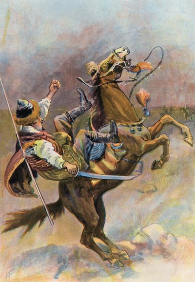 Robinson Crusoe: El caballo arrojó el tártaro y cayó sobre él (lito de color) de Joseph (after) Finnemore