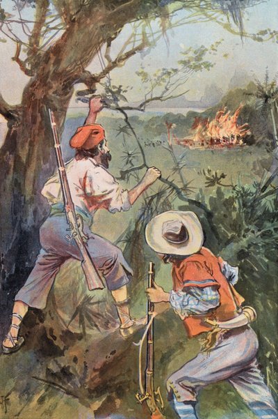 Robinson Crusoe: Las chozas en llamas (litografia en color) de Joseph (after) Finnemore