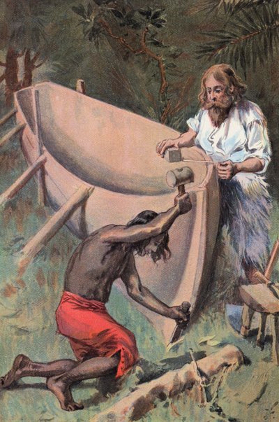 Robinson Crusoe: Hacemos un barco grande (litografia en color) de Joseph (after) Finnemore