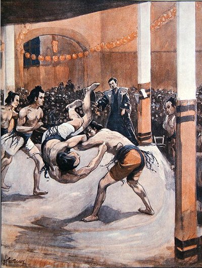 Lucha tradicional japonesa: luchadores de sumo exhibiendo su arte en la Exposición Japonesa en Londres en 1910 de Joseph (after) Finnemore