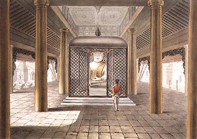 Un soldado de pie en un templo de Rangún, grabado por George Hunt de Joseph (after) Moore