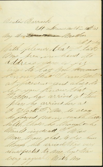 Carta firmada Joseph A. Fardell, Benton Barracks, St. Louis, Mo., a Madre, 12 de noviembre de 1863 de Joseph A. Fardell