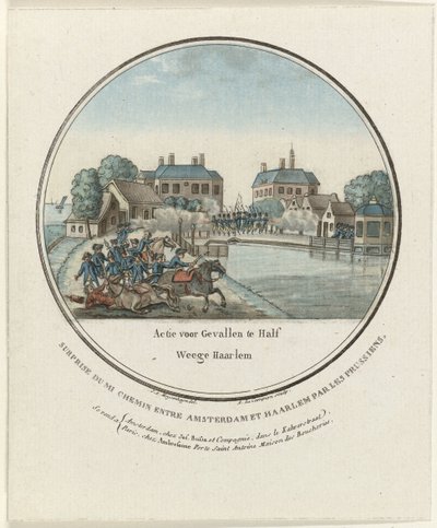 Ataque en Halfweg, 1787 Acción para Gevalle en Half Weege Haarlem / Surprise du mi chemin entre Amsterdam et Haarlem par les Prussiens (título sobre objeto) Placas francesas de los ataques prusianos a Amsterdam en 1787 (título de la serie) de Joseph Alexandre Le Campion