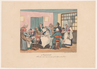 Gezelschap aan tafel aan het vasten ¿Estás bromeando? Hemos estado ayunando desde anteayer (título sobre el objeto) Ongemakken (título de la serie) Desventaja (título de la serie en el objeto) de Joseph Ambroise Jobard