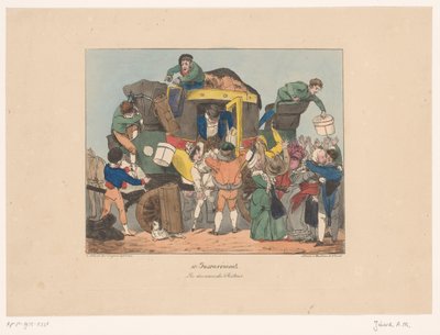 Los pasajeros desembarcan de un ómnibus después del viaje de regreso Les douceurs du retour (título sobre objeto) Incomodidad (título de la serie) Inconveniente (título de la serie en el objeto) de Joseph Ambroise Jobard