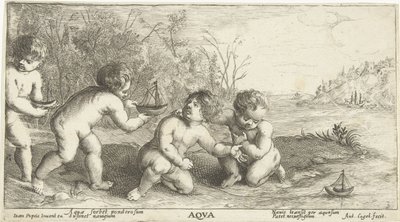 Niños jugando con botes Aqva (título sobre el objeto) de Joseph Antoine Cochet