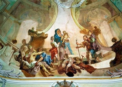 Fresco del techo de la iglesia de Birnau: justo debajo de la adoración de los pastores, un autorretrato del artista con una pierna vendada ... (fresco) de Joseph Anton (1696 1770) Feuchtmayer