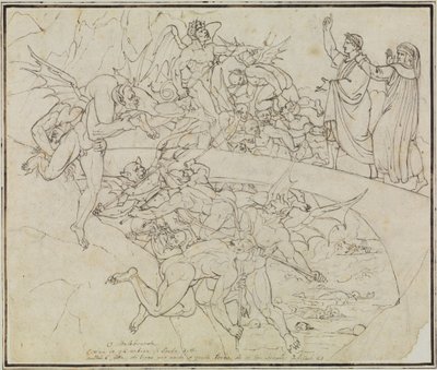 En el lago de brea de los traficantes, el consejero de Lucca (Infierno de Dante, canto 21, verso 34) de Joseph Anton Koch