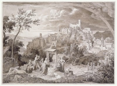 Vista de la ciudad de Olevano, provincia de Roma, Italia, con el arcoíris de Joseph Anton Koch