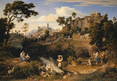 Paisaje cerca de Olevano con un Desfile de Campesinos Bailando, 1823-24 de Joseph Anton Koch