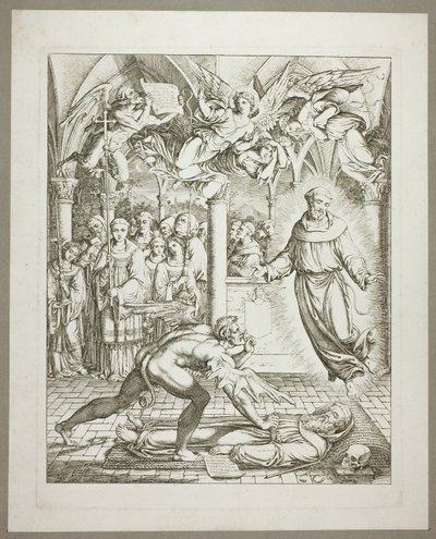 La lucha entre el Diablo y San Francisco de Asís por el alma de Guido da Montefeltro, lámina tres de Darstellungen aus Dante