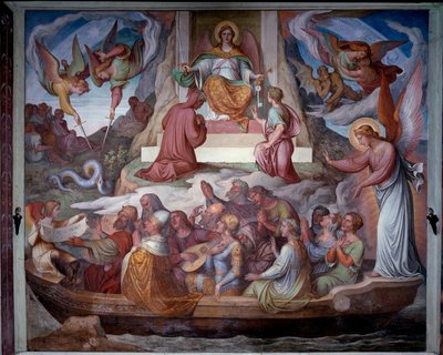 El barco de las almas y la entrada de Dante y Virgilio en la montaña del Purgatorio de Joseph Anton Koch