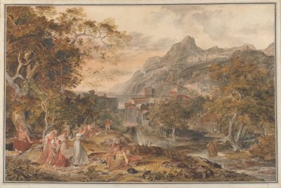 Vista de Vietri con jóvenes campesinas bailando para pastores en primer plano, 1800 de Joseph Anton Koch