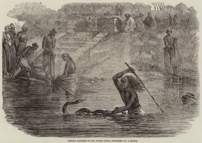 Bañistas hindúes en el río Jumna sorprendidos por una serpiente de Joseph Austin Benwell
