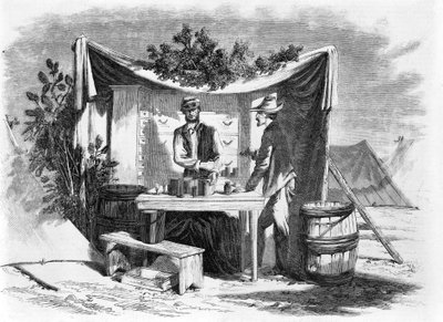 Escenas de campamento - una tienda de drogas del ejército - el administrador del hospital, de un boceto de nuestro artista especial, Joseph Becker, pub. 1864 de Joseph Becker