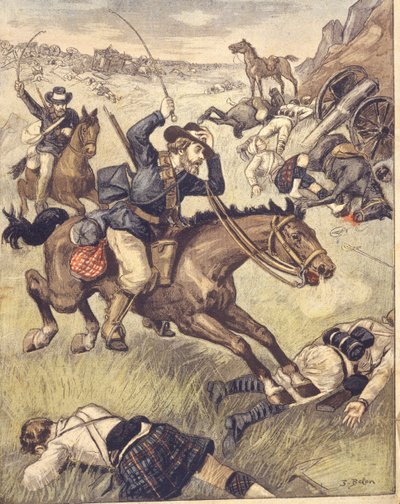 Comando bóer atacando una patrulla británica durante las guerras anglo-zulú y anglo-bóer de 1850-1902, ilustración de Joseph Belon
