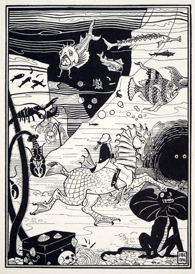 Había una gran variedad de árboles altos y nobles, cargados de frutos marinos, como langostas, cangrejos, ostras, de Las sorprendentes aventuras del Barón Munchausen, pub. 1895 de Joseph Benwell Clark
