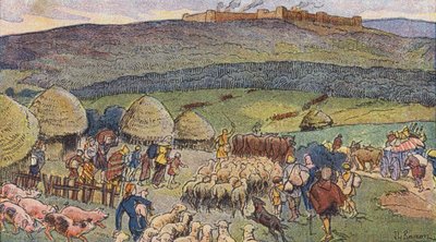 Bibracte, ciudad de la Galia habitada por herreros y lugar de refugio en tiempos de peligro (litografía en color) de Joseph Beuzon