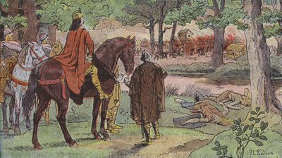 El ejército de Carlomagno quemando un pueblo alemán y masacrando a sus habitantes (litografía en color) de Joseph Beuzon