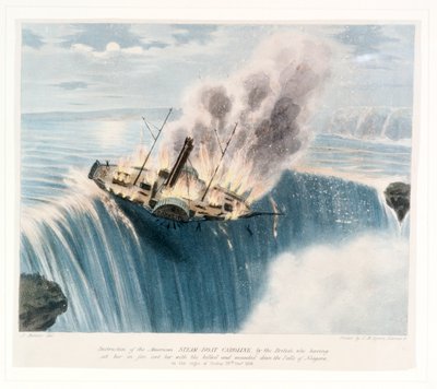 Destrucción del barco de vapor estadounidense Caroline por los británicos, que le prendieron fuego y lo enviaron con muertos y heridos a las cataratas del Niágara la noche del viernes 29 de diciembre de 1838. 1838 de Joseph Bouvier