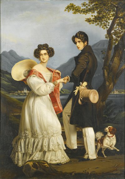 Duque Maximiliano José en Baviera y Ludovika de Baviera en Schloss Tegernsee de Joseph Carl Stieler