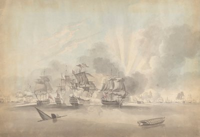 Escenario de batalla: Acorazados, fragatas y corbetas; barco hundido y bote de remos de Joseph Cartwright