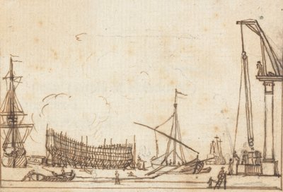 Escena del muelle: Barcos y navíos de diversos tamaños; construcción naval; máquinas de poleas con operarios. de Joseph Cartwright