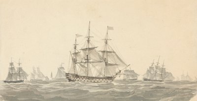 Vista lateral de un acorazado rodeado por varios otros en mar gruesa de Joseph Cartwright