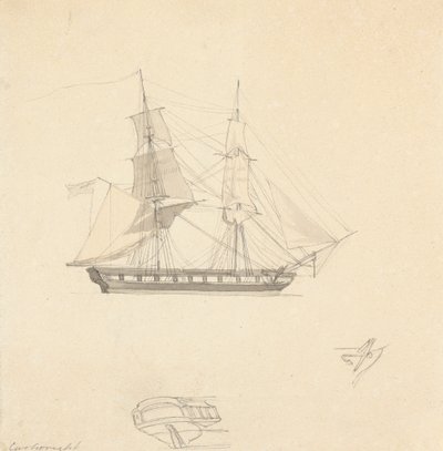 Brig único; bocetos de popa separada y caucho de Joseph Cartwright