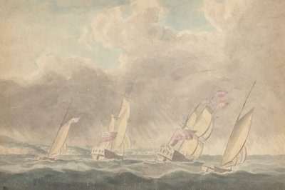 Dos balandros de guerra, una barcaza y una goleta, con las popas hacia delante, en medio de un fuerte oleaje; varios veleros al fondo. de Joseph Cartwright