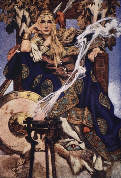 La reina Maev, frontispicio de "Myths and Legends of the Celtic Race" de T.W. Rolleston de Joseph Christian Leyendecker