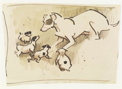 Fox Terrier y cachorros (pluma y aguada sobre papel) de Joseph Crawhall
