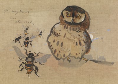 Búho y abejas (gouache sobre lino) de Joseph Crawhall