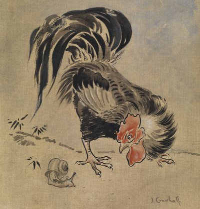 Gallo español y caracol (gouache sobre lino) de Joseph Crawhall