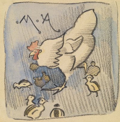 Gallina blanca y pollos, c.1901 (tiza, lápiz y aguada sobre papel) de Joseph Crawhall