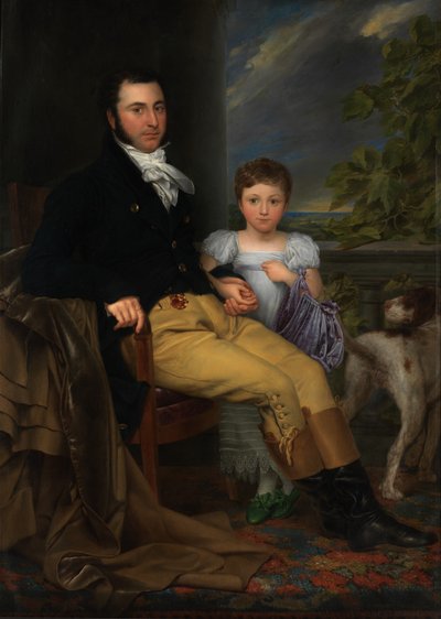 Retrato de un caballero prominente con su hija y un perro de caza (óleo sobre lienzo) de Joseph Denis Odevaere