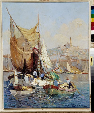 Pecheurs dans la Vieux Port de Marseille Pintura de Fernand Van Den Bussche (1892-1975) Siglo XX Mención obligatoria: Collection foundation regards de Provence, Marseille de Joseph Emanuel Van Den Bussche